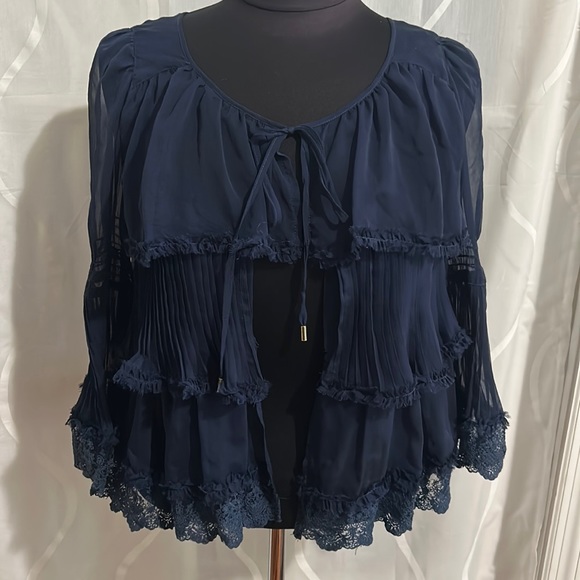 Jet Label, Fashion For Joy, Navy Lace Ruffled Tier Open Front Top, Small. - Picture 1 of 10